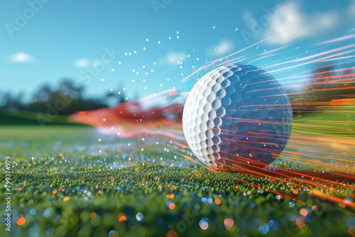 A golf ball is on a grassy field with a bright orange glow with trails of sparks surrounding it photo