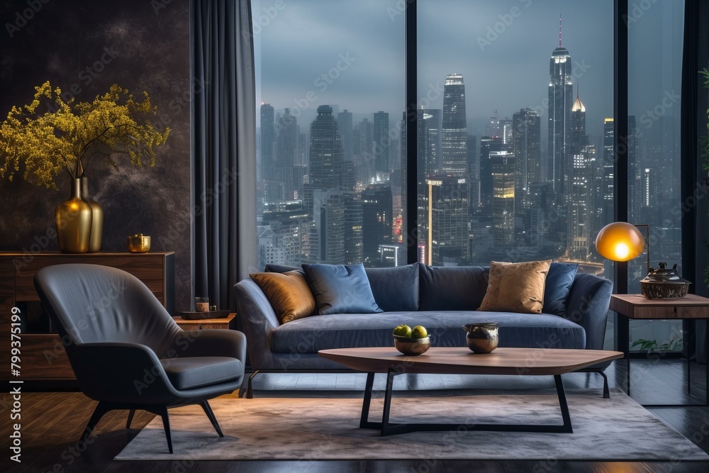 Blue Modern Living Room Interior Design With City View