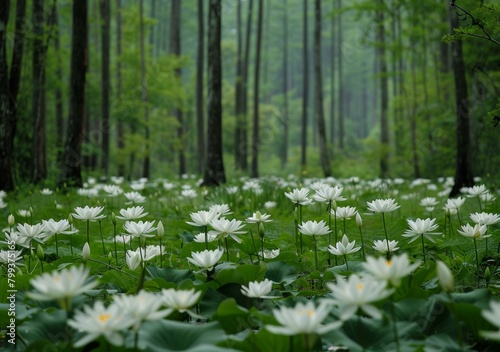 White flowers in a green forest