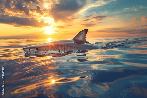 A shark is swimming in the ocean at sunset © top images