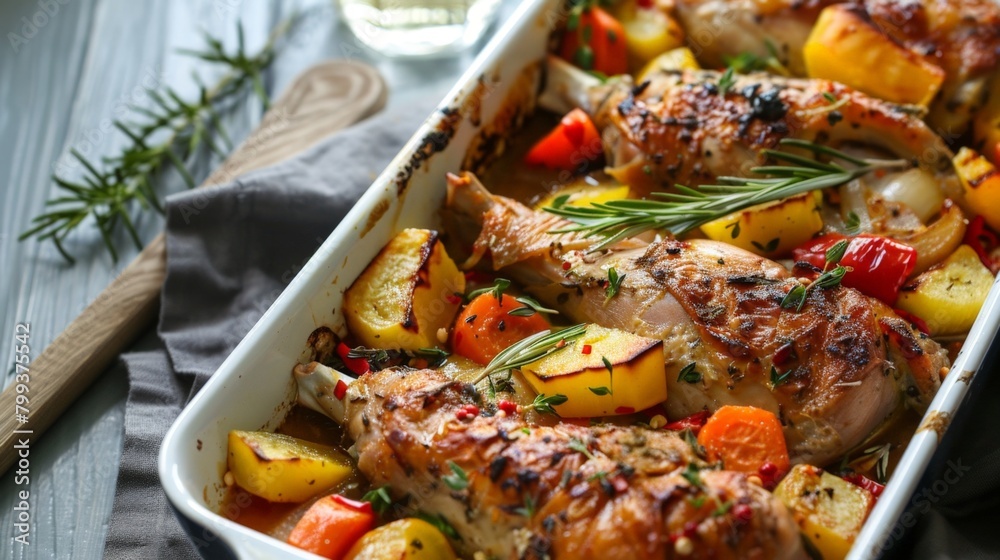 Dish of chicken and veggies with wine Dish of chicken and veggies with wine