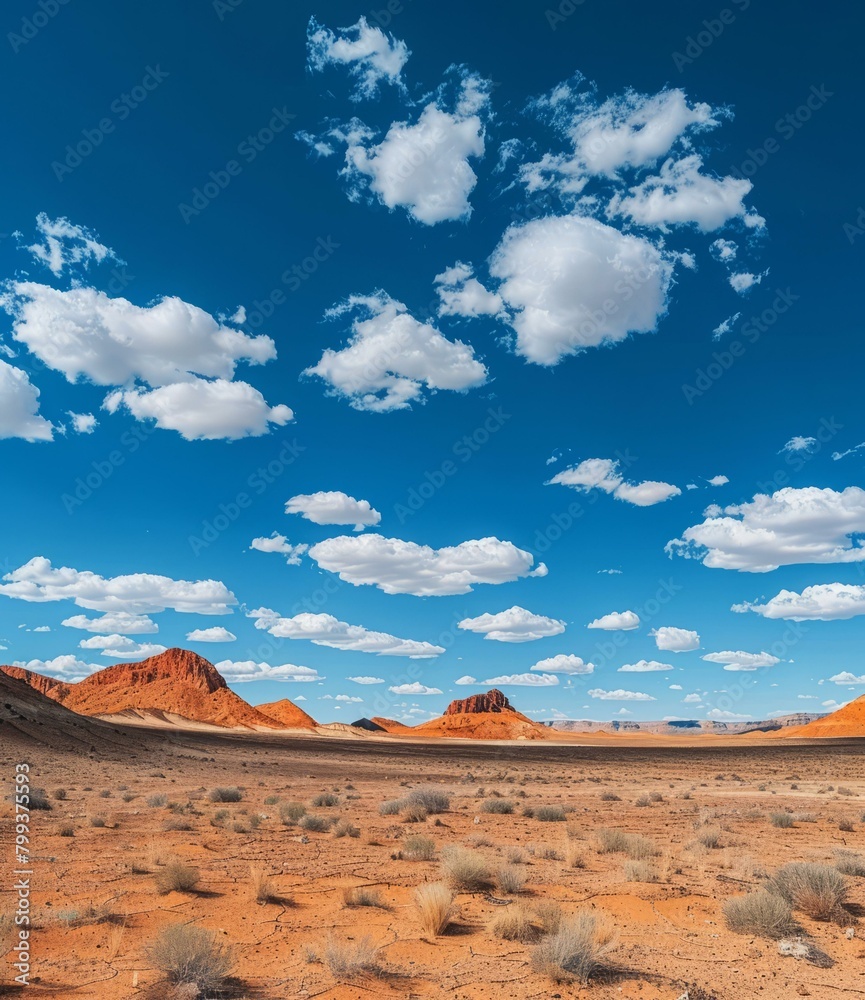 Arid desert landscape with red rock formations under a blue sky with white clouds