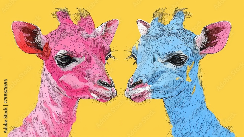 Fototapeta premium Two giraffes facing each other on a yellow backdrop One giraffe is blue and the other is pink