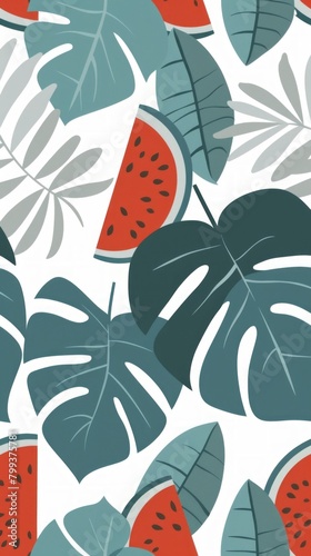 Tropical Watermelon and Monstera Leaf Pattern Design for Summer Fabrics and Wallpapers.