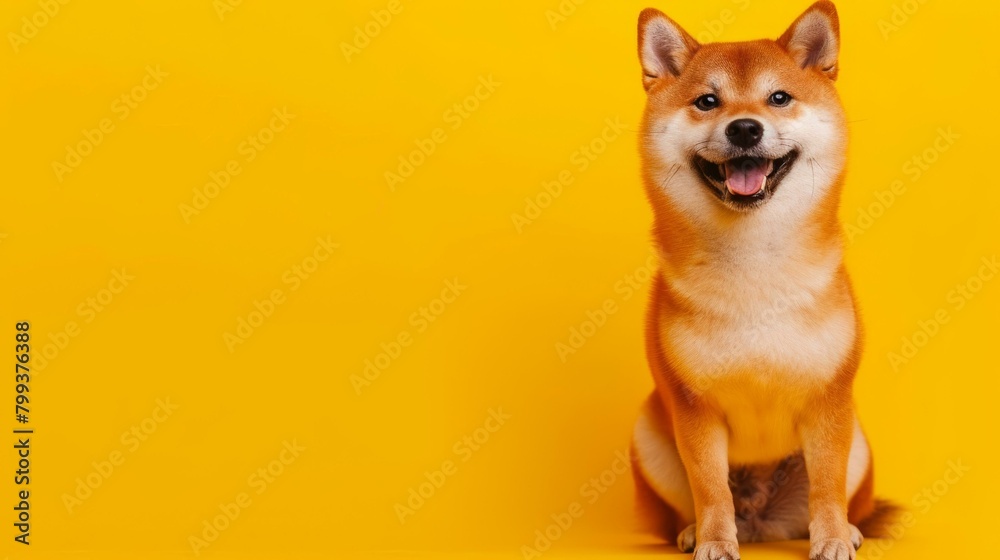 A happy Shiba Inu dog sits against a yellow background
