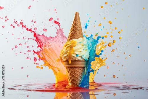 Ice cream cone with colorful liquid splash photo