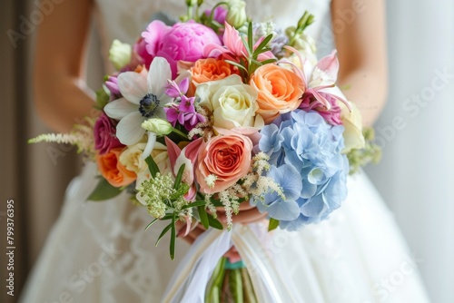 A bride holding a bouquet of colorful flowers photo
