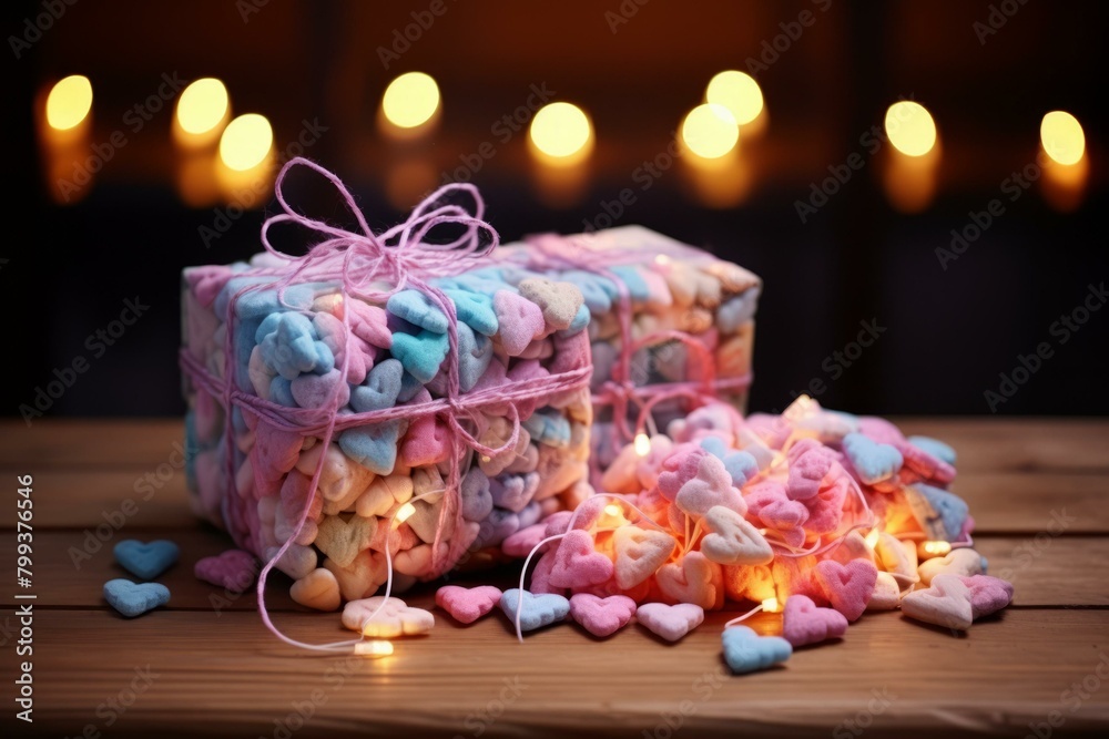 Two wrapped gifts with pink ribbon and string lights