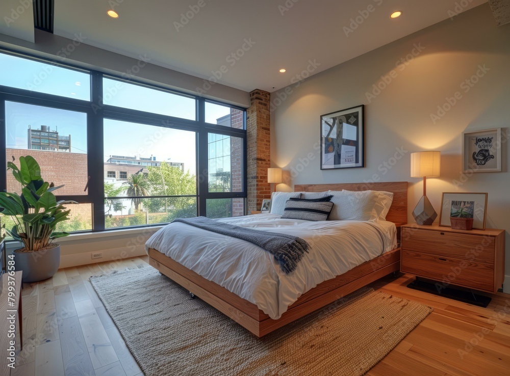 Modern bedroom with large windows and a comfortable bed