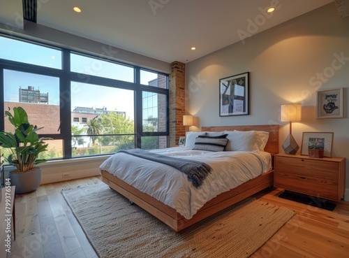 Modern bedroom with large windows and a comfortable bed © Adobe Contributor