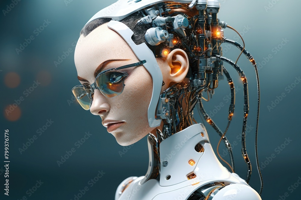 Side portrait of a cyborg with a female face with mechanisms visible at the back of its head Side portrait of a cyborg with a female face with mechanisms visible at the back of its head