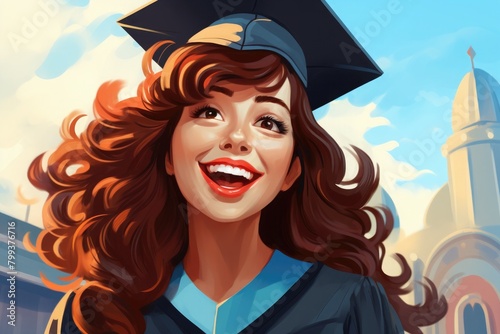 Portrait of a smiling happy graduate girl in graduation cap and gown