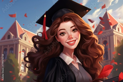 Young brunette graduate against the background of a college building