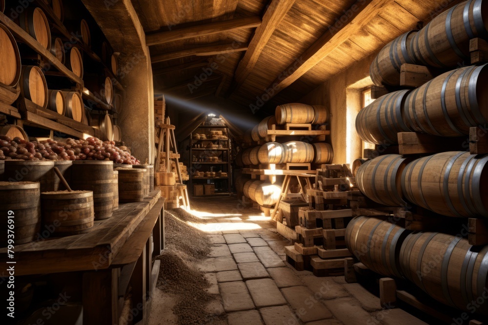A storeroom with barrels and crates