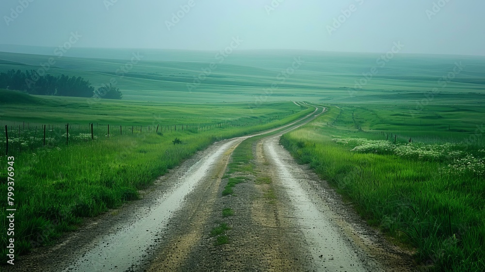 Country road through a lush green field