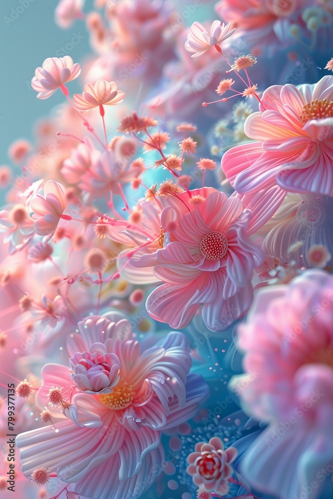 Pink flowers of various shapes and sizes are in full bloom. The petals of the flowers are delicate and lifelike.