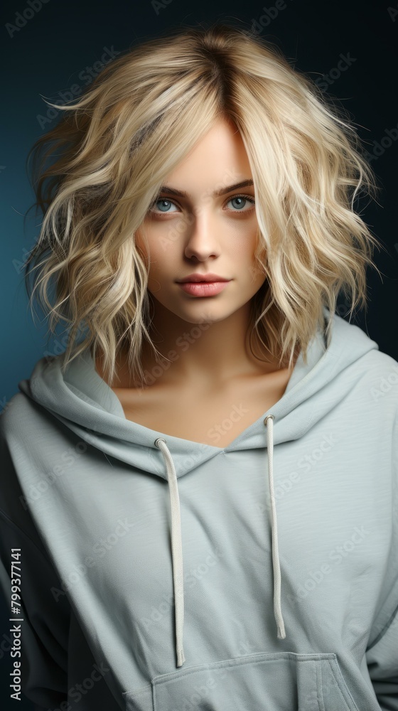 Portrait of a beautiful young woman with blonde hair and blue eyes wearing a gray hoodie Portrait of a beautiful young woman with blonde hair and blue eyes wearing a gray hoodie