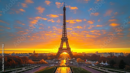 Eiffel Tower at sunset with a beautiful sky