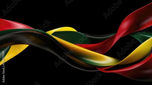 Abstract background with flowing ribbons in colors of Juneteenth on black background