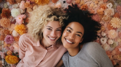 Two young women with curly hair smiling in front of a flower wall