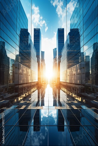 The sun shines through the gap between two skyscrapers made of glass