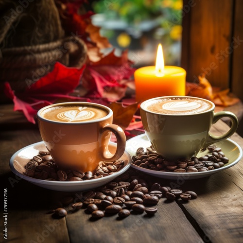 Two cups of coffee on a table with a candle and autumn leaves
