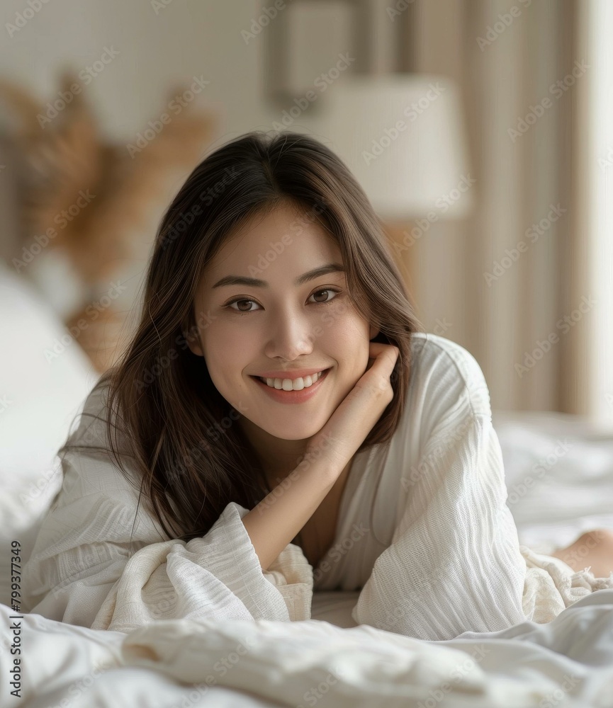 An Asian woman smiling while lying on a bed An Asian woman smiling while lying on a bed