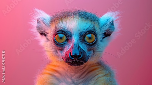   A tight shot of a quirky small animal expressing an odd expression against a backdrop of pink and blue