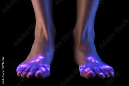 Feet affected by fungal disease visible under ultraviolet light 