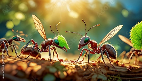 A close-up of leafcutter ants carrying vibrant green leaf fragments, with a blurry background  photo