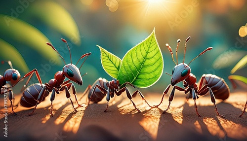 A close-up of leafcutter ants carrying vibrant green leaf fragments, with a blurry background 