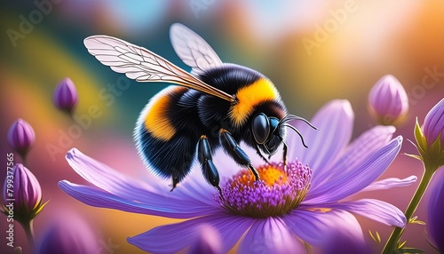 A fuzzy bumblebee busily pollinating a bright purple flower, with a soft, blurred background 