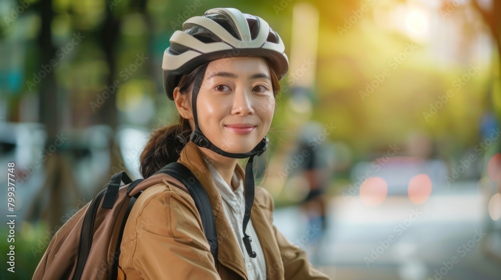 Asian businesswoman go to work at office stand and smiling wear backpack with bicycle on street around building on a city. Bike commuting, Commute on bike, Business commuter concept. Asian businesswoman go to work at office stand and smiling wear backpack with bicycle on street around building on a city. Bike commuting, Commute on bike, Business commuter concept.