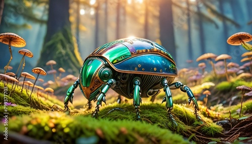 An imaginative alien beetle with iridescent armor exploring a mossy forest floor,  photo