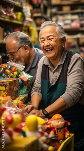 Portrait of a smiling elderly woman working in a toy store