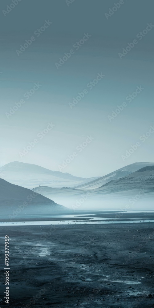 Foggy mountains and lake landscape with fog and mist