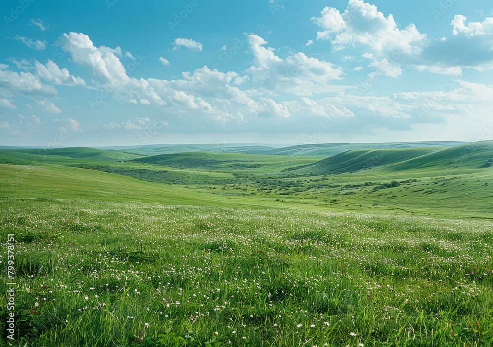 Fototapeta premium Green rolling hills under blue sky with white clouds