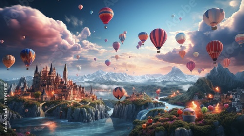 Fantasy castle with hot air balloons photo