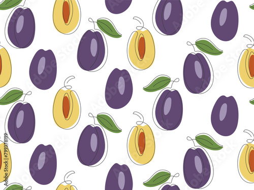 Outline drawn plum whole and slice Seamless pattern. Continuous Line Drawing Natural Garden Fruit. Pattern for packaging jam, juice, cover, wrapping paper