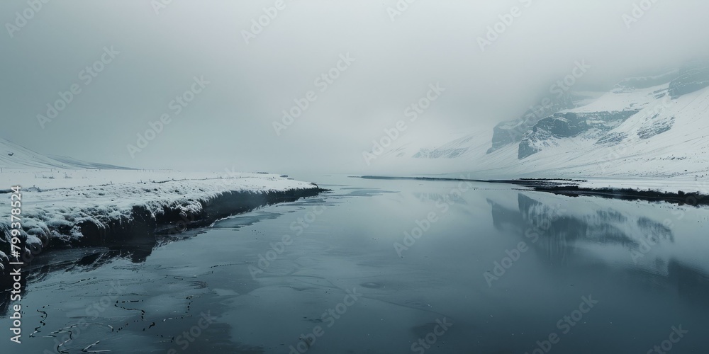 A river flowing through a snowy landscape with mountains in the distance