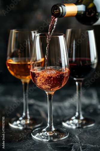 A wine being poured into three glasses on a table, AI