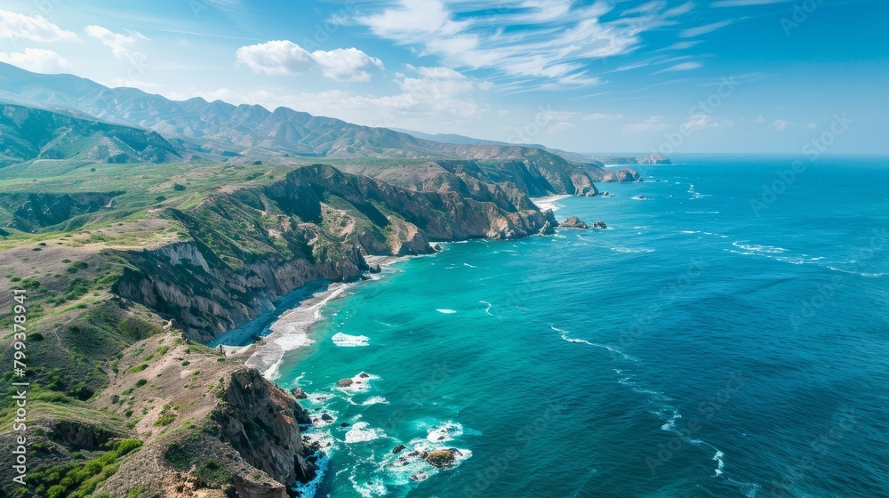 Bird's-Eye View of Serene Coast, Rocky Terrain Meets Ocean