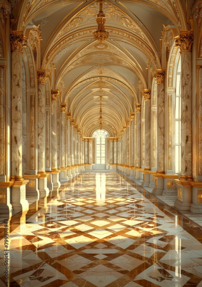ornate hallway with marble floor and columns