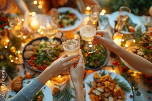 Friends toasting champagne glasses at a holiday dinner party