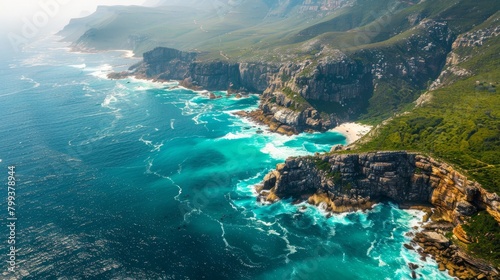 Coastal Cliffs Aerial View, Mountains Meeting Turquoise Sea photo