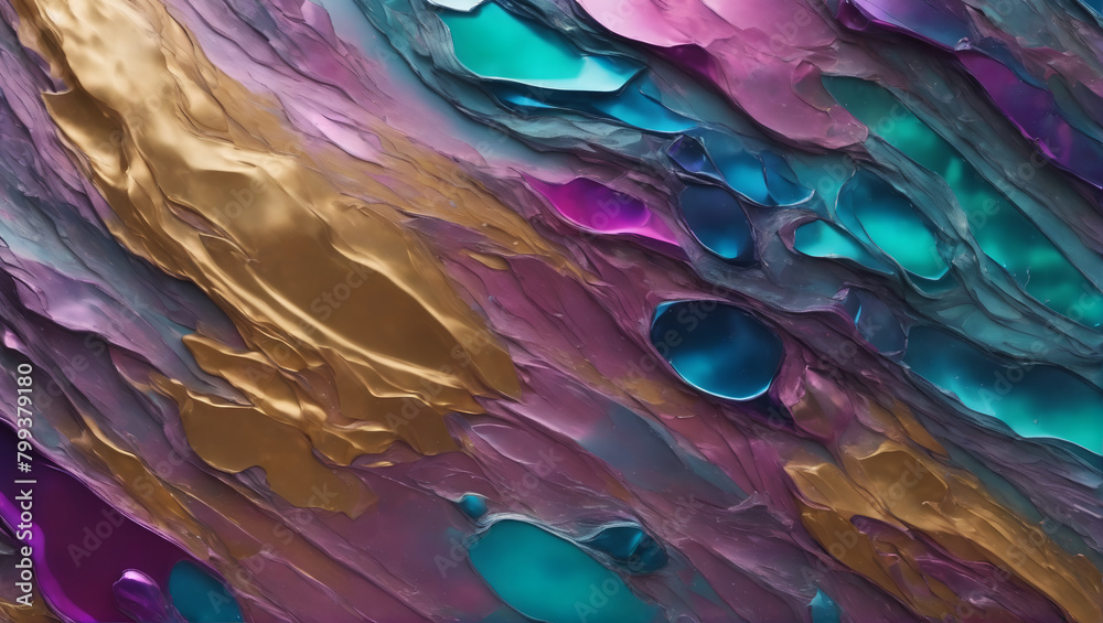 Abstract compositions featuring iridescent-colored substances flooding onto textured surfaces, with shifting hues and shimmering textures creating an ethereal and captivating impression ULTRA HD 8K