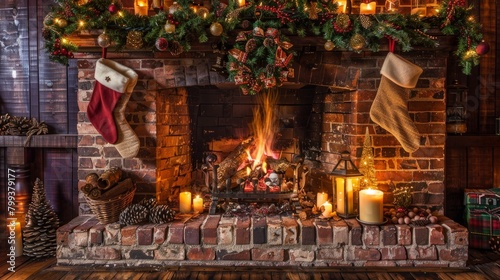 Warm Holiday Hearth with Decorative Stockings and Fir Garland © Ilia Nesolenyi