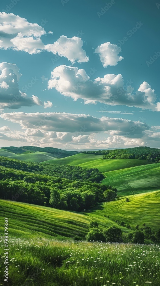 Green rolling hills under a blue sky