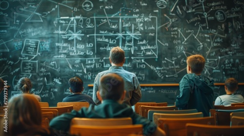 Teacher Giving a Lesson in a Classroom with Chalkboard Diagrams