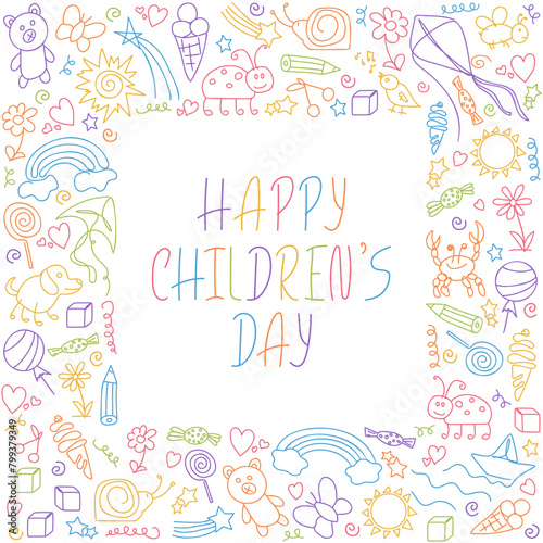 Happy Children's Day funny card. Simple square frame from kids drawings. Colorful template. Doodle outline illustration. Childhood, Summer holidays